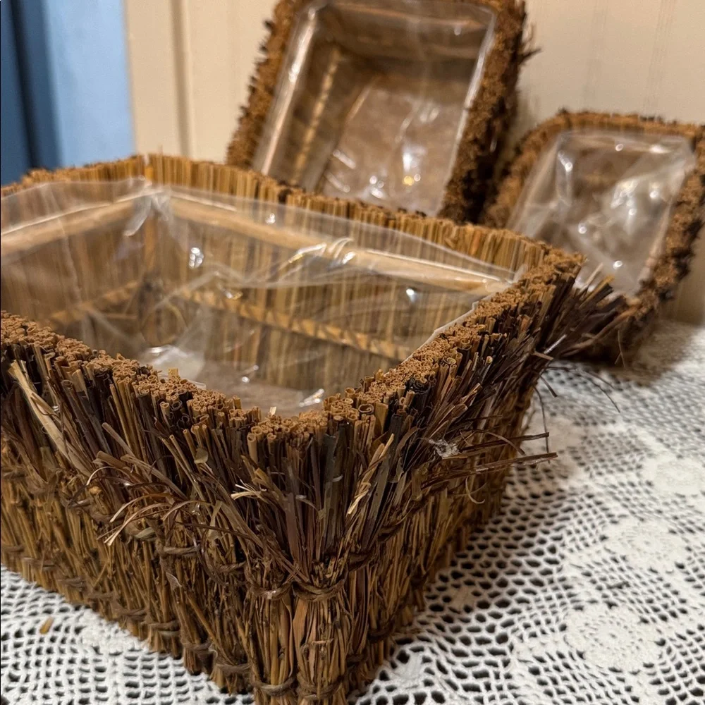 Set Of 3 Nesting Planters Baskets Straw Grass With Liner